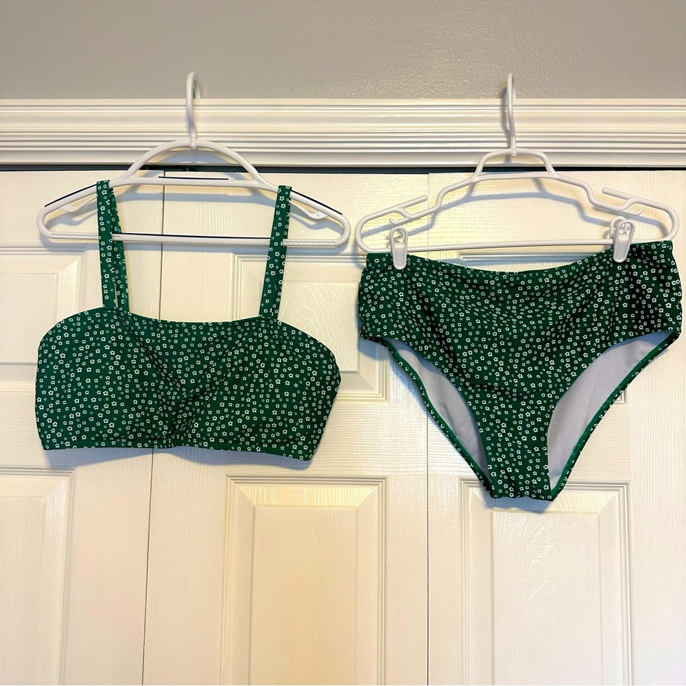 Bikini Two Piece Swimsuit Green Floral Bandeau Spaghetti Strap Full Bottom XL